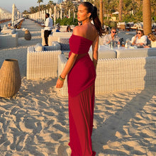 Load image into Gallery viewer, Women Clothing Summer off Neck Mesh Stitching Sexy Slim Fit Pleated Dress
