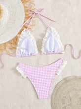 Load image into Gallery viewer, 2pc Swt - Womens Summer Lace Plaid Halter Bikini Swimsuit
