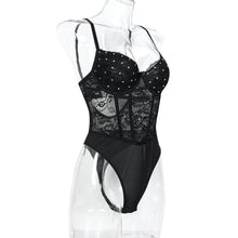 Load image into Gallery viewer, Womens Black Heavy Embroidery Plastic Bones Shaping Body Shaping Double Layer Chest Cup Lace Jumpsuit
