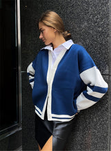 Load image into Gallery viewer, Womens Contrast Color Cardigan Loose Casual Autumn Winter Sweater Striped Simple Knitted Sweater Coat
