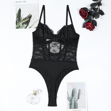 Load image into Gallery viewer, Womens Black Heavy Embroidery Plastic Bones Shaping Body Shaping Double Layer Chest Cup Lace Jumpsuit

