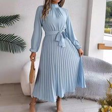 Load image into Gallery viewer, Womens Autumn Winter Elegant Stand Collar Long Sleeve Cinched Pleated Maxi Dress Small Dress
