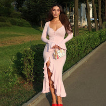 Load image into Gallery viewer, Sexy Sexy Solid Color Waist Tight Bell Sleeve Single Breasted Side Slit Dress
