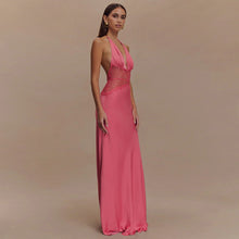 Load image into Gallery viewer, Summer Elegant Deep V Plunge Silky Satin Halter Sheer Waist Tight Sexy Dress
