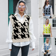 Load image into Gallery viewer, Womens Houndstooth V-neck Outer Wear Inner Wear Autumn Winter Knitwear Sweater Vest
