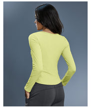 Load image into Gallery viewer, Womens Autumn Sports Top V neck Elastic Slim Fit Slimming Yoga Clothes with Chest Pad Workout Long Sleeve T shirt
