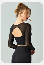 Load image into Gallery viewer, Yoga Clothes Long Sleeve with Chest Pad Covering Supernumerary Breast Mesh Sports Long Sleeve Sexy Beauty Back Pure Fitness Clothes Women

