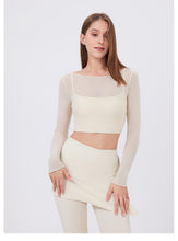 Load image into Gallery viewer, 2pc Set - Womens Faux Mesh Sports T Shirt  Long Sleeve With Chest Pad Clothes Cropped Quick Drying Slimming Workout Clothes Yoga Top
