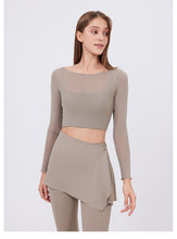 Load image into Gallery viewer, 2pc Set - Womens Faux Mesh Sports T Shirt  Long Sleeve With Chest Pad Clothes Cropped Quick Drying Slimming Workout Clothes Yoga Top
