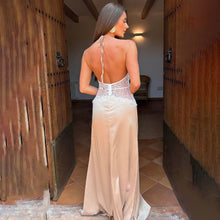 Load image into Gallery viewer, Summer Elegant Deep V Plunge Silky Satin Halter Sheer Waist Tight Sexy Dress
