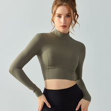 Load image into Gallery viewer, Workout Clothes Long Sleeve with Chest Pad Autumn Winter Stand Collar Sports Top Waist Slimming Hollow Out Cutout Beauty Back Long Sleeve Yoga Wear Women

