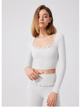 Load image into Gallery viewer, Autumn Winter Nude Feel Lace Yoga Clothes Long Sleeve Semi Fixed Cup Running Slim Sports Bra Breathable Workout Clothes Top
