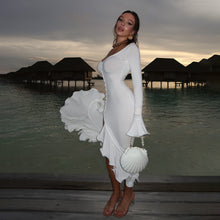 Load image into Gallery viewer, Sexy Sexy Solid Color Waist Tight Bell Sleeve Single Breasted Side Slit Dress
