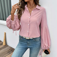 Load image into Gallery viewer, Autumn Striped Stitching Cardigan Top Ladies Elegant Office Lantern Sleeve Shirt Women
