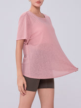 Load image into Gallery viewer, Womens Summer Bunchy Yarn Hollow Out Cutout Back -  Loose Yoga Blouse - Breathable Lightweight - Plus Size T shirt - Casual Sports Short Sleeve
