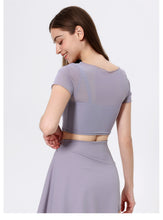 Load image into Gallery viewer, 2pc Set - Womens Faux Mesh Sports T shirt Short Sleeve with Chest Pad Yoga Clothes Cropped  Quick Drying Slimming Fitness Top
