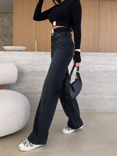 Load image into Gallery viewer, Women Micro Elastic Black Straight Denim Trousers
