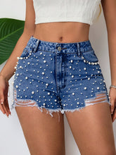 Load image into Gallery viewer, Womens Belted Ring Pearl Elegant Denim Shorts
