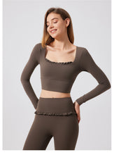 Load image into Gallery viewer, Autumn Winter Nude Feel Lace Yoga Clothes Long Sleeve Semi Fixed Cup Running Slim Sports Bra Breathable Workout Clothes Top
