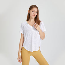 Load image into Gallery viewer, Summer Loose Breathable V neck Yoga Clothes Short Sleeved T shirt Snow Pattern Running Sports Blouse Workout Top Women
