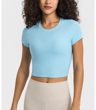 Load image into Gallery viewer, Stripe Rib High Strength Stretch Shaping Fitness Yoga Wear round Neck Slim Fit Slimming Sports Short Sleeve Women
