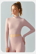 Load image into Gallery viewer, Workout Clothes Long Sleeve with Chest Pad Autumn Winter Stand Collar Sports Top Waist Slimming Hollow Out Cutout Beauty Back Long Sleeve Yoga Wear Women
