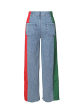 Load image into Gallery viewer, Women Clothing Patchwork Stripes Contrast Color Denim Trousers Casual Waist Stretchy Straight Leg Pants

