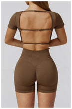 Load image into Gallery viewer, Autumn Winter Seamless Yoga Clothes for Women Hollow Out Cutout-out Beauty Back Slim Fit Yoga Short Sleeve Outdoor Running Top
