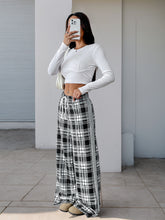 Load image into Gallery viewer, Womens Elastic Black White Lattice Pattern Trousers Trousers Casual Plaid Stitching Wide Leg Pants
