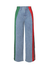 Load image into Gallery viewer, Women Clothing Patchwork Stripes Contrast Color Denim Trousers Casual Waist Stretchy Straight Leg Pants
