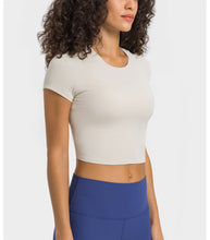 Load image into Gallery viewer, Stripe Rib High Strength Stretch Shaping Fitness Yoga Wear round Neck Slim Fit Slimming Sports Short Sleeve Women
