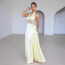 Load image into Gallery viewer, Summer Elegant Deep V Plunge Silky Satin Halter Sheer Waist Tight Sexy Dress
