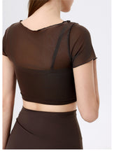 Load image into Gallery viewer, 2pc Set - Womens Faux Mesh Sports T shirt Short Sleeve with Chest Pad Yoga Clothes Cropped  Quick Drying Slimming Fitness Top
