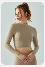 Load image into Gallery viewer, Workout Clothes Long Sleeve with Chest Pad Autumn Winter Stand Collar Sports Top Waist Slimming Hollow Out Cutout Beauty Back Long Sleeve Yoga Wear Women
