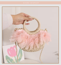 Load image into Gallery viewer, Fairy Feather Crossbody Straw Bag Cute Portable Semicircle Straw Bag Woven Bag Rattan Weave Bag Seaside Vacation Beach Bag
