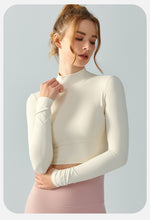 Load image into Gallery viewer, Workout Clothes Long Sleeve with Chest Pad Autumn Winter Stand Collar Sports Top Waist Slimming Hollow Out Cutout Beauty Back Long Sleeve Yoga Wear Women
