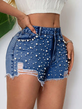 Load image into Gallery viewer, Womens Belted Ring Pearl Elegant Denim Shorts
