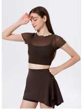 Load image into Gallery viewer, 2pc Set - Womens Faux Mesh Sports T shirt Short Sleeve with Chest Pad Yoga Clothes Cropped  Quick Drying Slimming Fitness Top
