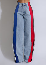 Load image into Gallery viewer, Women Clothing Patchwork Stripes Contrast Color Denim Trousers Casual Waist Stretchy Straight Leg Pants
