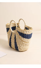 Load image into Gallery viewer, Pastoral Large Capacity Portable Straw-Weaved Bag Contrast Color Hand Carrying Straw Bag Woven Bag Vacation Beach Bag Vegetable Basket
