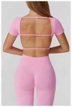 Load image into Gallery viewer, Autumn Winter Seamless Yoga Clothes for Women Hollow Out Cutout-out Beauty Back Slim Fit Yoga Short Sleeve Outdoor Running Top
