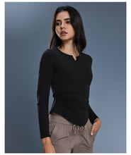 Load image into Gallery viewer, Womens Autumn Sports Top V neck Elastic Slim Fit Slimming Yoga Clothes with Chest Pad Workout Long Sleeve T shirt
