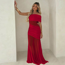 Load image into Gallery viewer, Women Clothing Summer off Neck Mesh Stitching Sexy Slim Fit Pleated Dress
