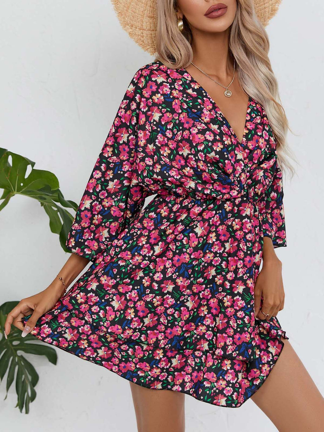 Women Clothing Dress Summer Printed 3/4 Sleeves V neck Women Clothing