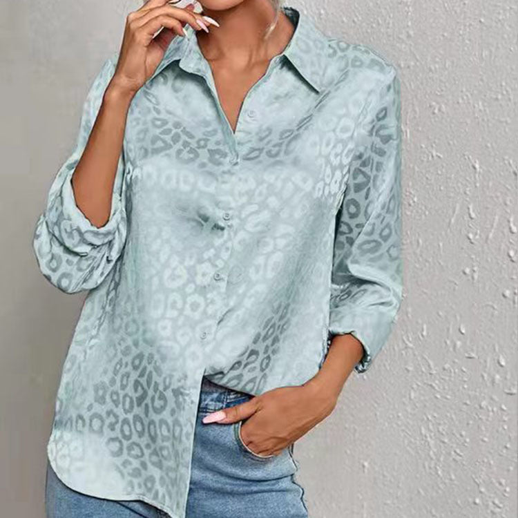 Women Clothing Spring Autumn Long Sleeve Collared Elegant Satin Jacquard Leopard Print Shirt