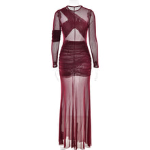 Load image into Gallery viewer, Sexy Mesh See through Maxi Long Sleeve Sexy Pleated Slim Fit Dress
