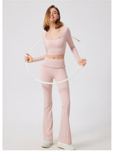 Load image into Gallery viewer, Autumn Winter Nude Feel Lace Yoga Clothes Long Sleeve Semi Fixed Cup Running Slim Sports Bra Breathable Workout Clothes Top
