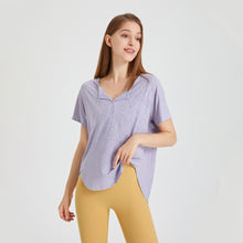 Load image into Gallery viewer, Summer Loose Breathable V neck Yoga Clothes Short Sleeved T shirt Snow Pattern Running Sports Blouse Workout Top Women

