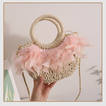 Load image into Gallery viewer, Fairy Feather Crossbody Straw Bag Cute Portable Semicircle Straw Bag Woven Bag Rattan Weave Bag Seaside Vacation Beach Bag
