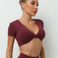Load image into Gallery viewer, Yoga Short Sleeve Skinny V Neck Sports Short Sleeve T Shirt Top High Intensity Shockproof Quick Drying Running Fitness Clothes

